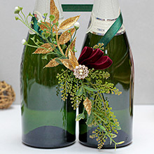 Украшение шампанского на свадьбу "Лофт" зеленый/золотой