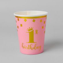 Комплект бумажных стаканчиков "1 день рождения" (розовый/золотой) (8 шт)