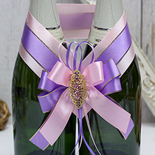 Украшение бутылок шампанского на свадьбу "Поцелуй бабочки" сиреневый/розовый