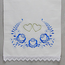 Рушник для свадьбы "Цветочный-сердца" синий хлопок