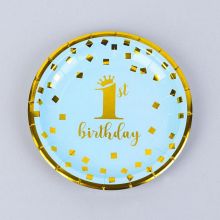 Комплект бумажных тарелок "1 день рождения" (голубой/золотой) (8 шт)
