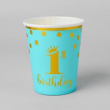 Комплект бумажных стаканчиков "1 день рождения" (голубой/золотой) ( 8 шт )