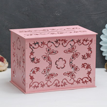 Резная шкатулка из дерева для свадебных подарков "Бабочка" (розовый с блестками)