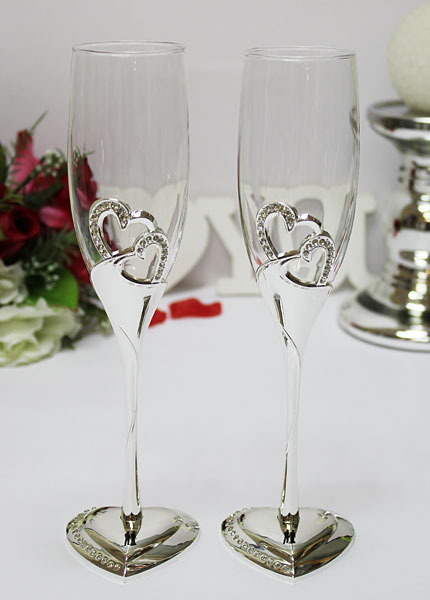 Свадебные бокалы  для молодоженов "Росинка" 2 шт, серебристые со стразами